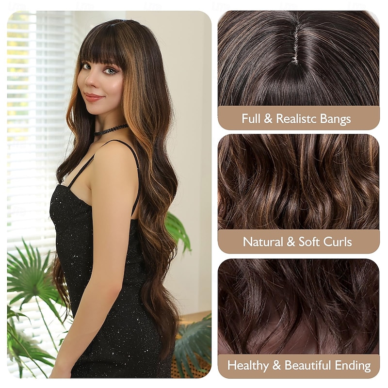 Wigs for Women Long Wavy Wigs With Thick Bangs Curly Hair Synthetic Wave Heat Resistant Fiber Daily Party Use3
