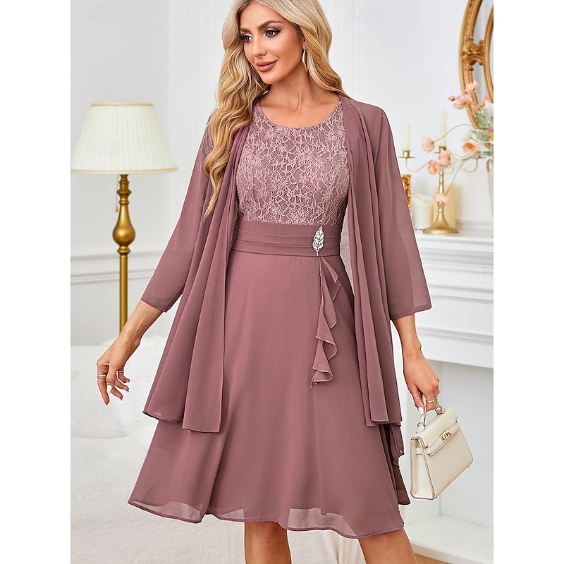 Women's Knee Length Dress Dress Set Wedding Guest Dress White Lace Dress with Sleeves Dress With Jacket Elegant Formal Wedding Guest Cocktail Party Regular Fit Plain 3/4 Length Sleeve Round Neck Gray4