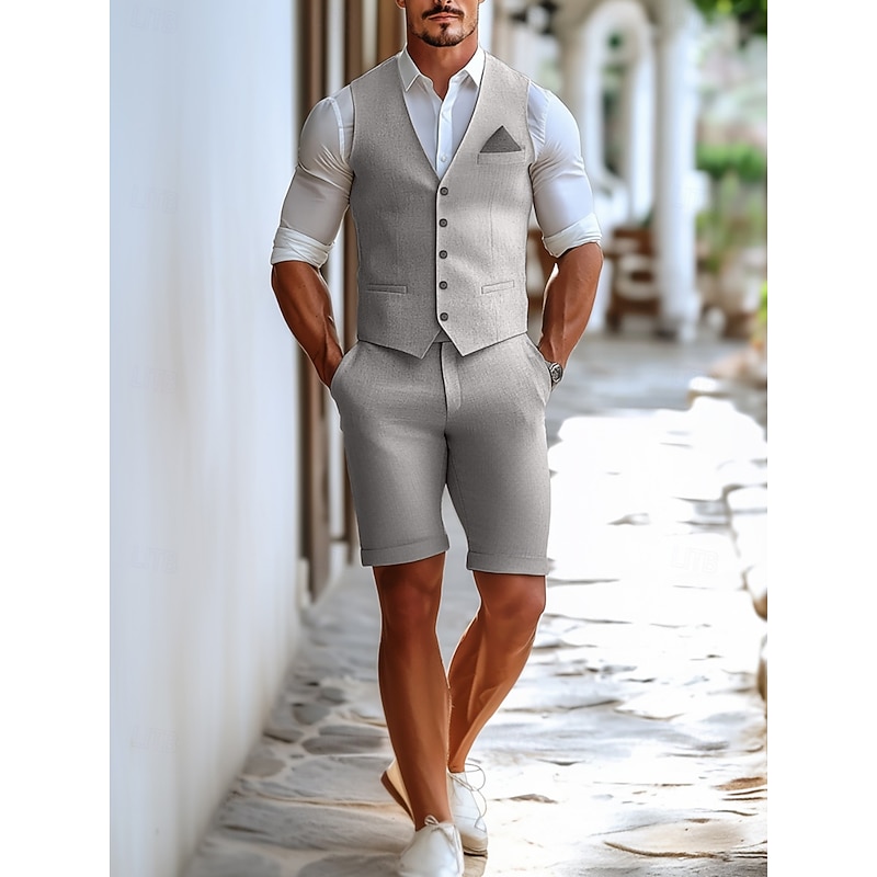 Men's Wedding Linen Suits Sky Blue Light Grey Solid Colored Tailored Fit 2 Piece3