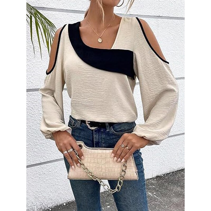 Women's Shirt Blouse Solid Color Basic Casual Long Sleeve V Neck Regular Tops Daily Patchwork Cut Out Black Beige Spring &  Fall3