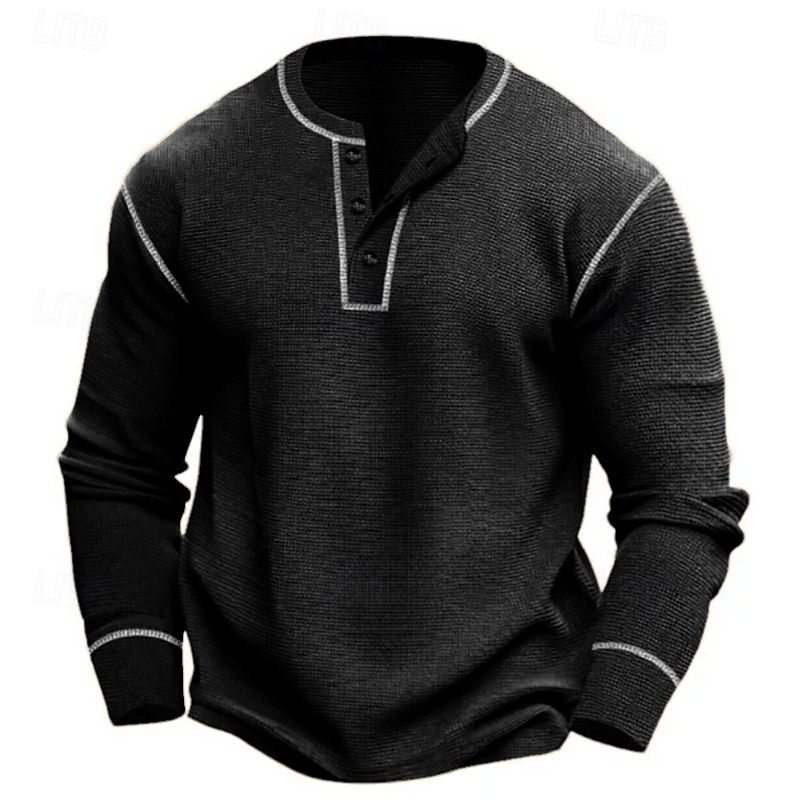 Men's Waffle Tee T Shirt Waffle Henley Shirt Tee Top Long Sleeve Solid Color Daily Casual Street Style Buttons Color Block Crewneck Henley Outdoor Street Causal Spring &  Fall Black Green Henley