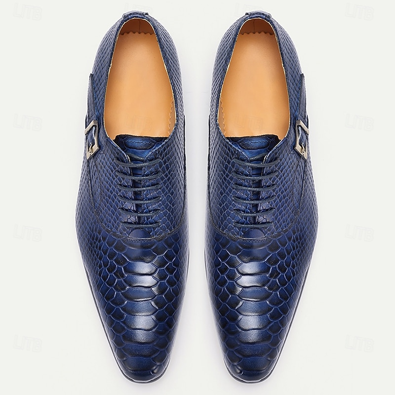Men's Premium Cowhide Leather Dress Shoes with Snakeskin Texture, Lace-Up Design and Buckle Detail, Stylish Formal Shoes for Business, Weddings, and Special Occasions4