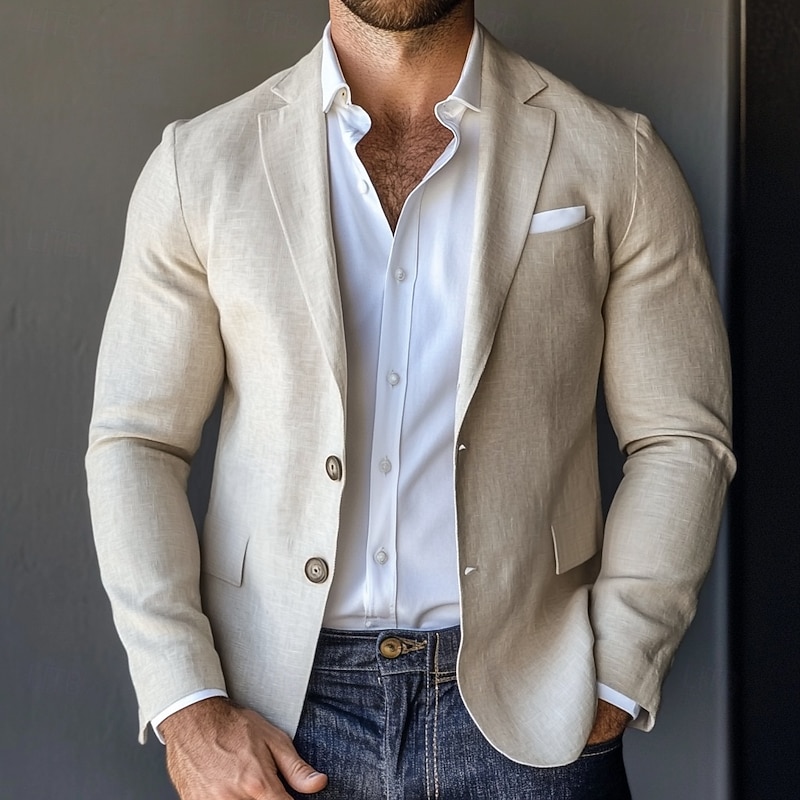 Men's Blazer Jacket Linen Blazer Notch Collar Fashion Casual Solid Colored Blazer Beige Standard Fit Single Breasted Two-buttons