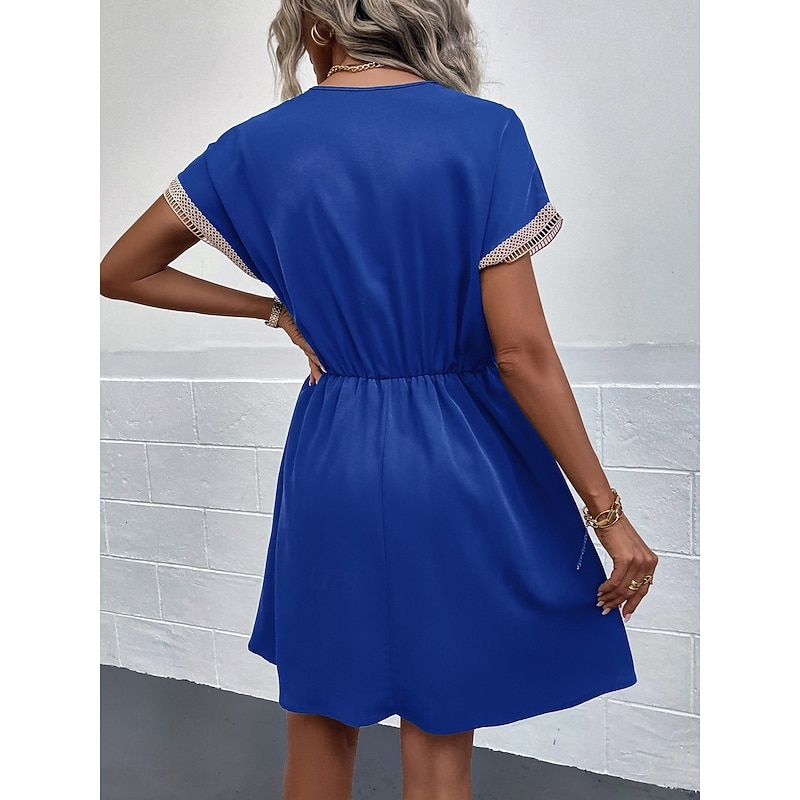 Women's Mini Dress Casual Dress A Line Dress Stylish Basic Casual Vacation Daily Regular Fit Plain Short Sleeve V Neck Wine Blue Summer Spring - Main Image