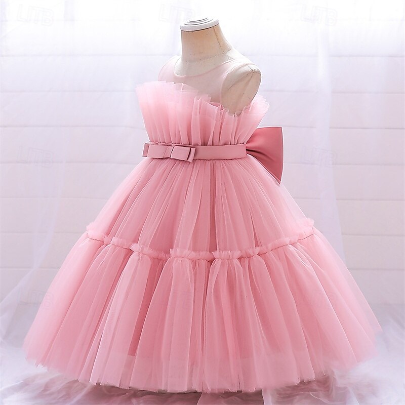 Flower Girl Dress Kid's Girls' Princess Dress Performance Wedding Party Elegant Beautiful Mesh Solid Color Sleeveless Crew Neck Pink Red 4 years+2