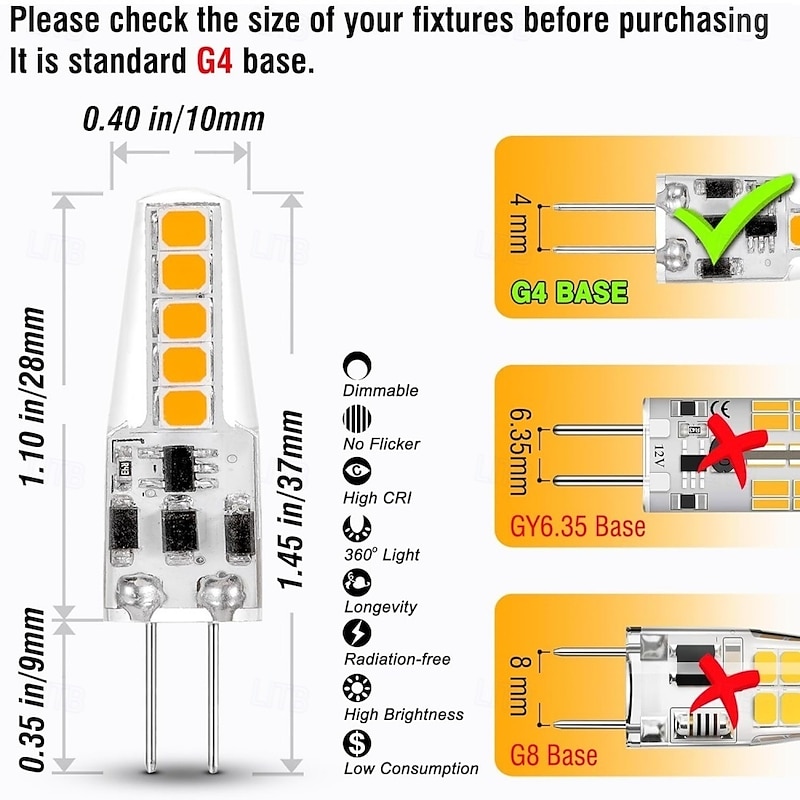 G4 Bi-Pin LED Light Bulbs 3W AC/DC 12-24V, Dimmable for Landscape, Under Cabinet, & Chandelier Lighting 10pcs4