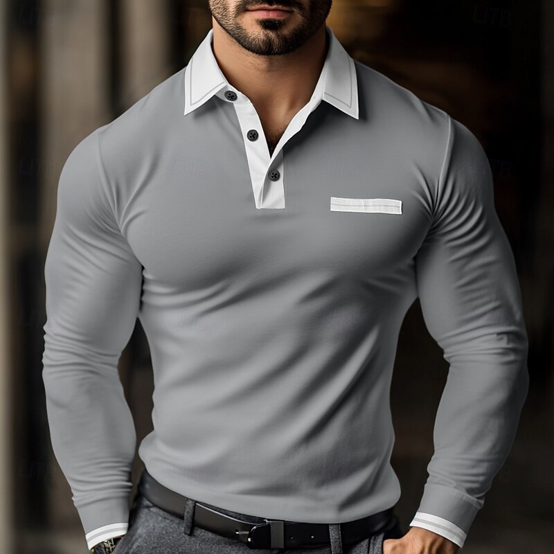 Men's Polo Shirts Golf Shirt Casual Holiday Lapel Long Sleeve Fashion Basic Color Block Patchwork Summer Regular Fit Dark Gray White Wine Navy Blue Gray Polo Shirts