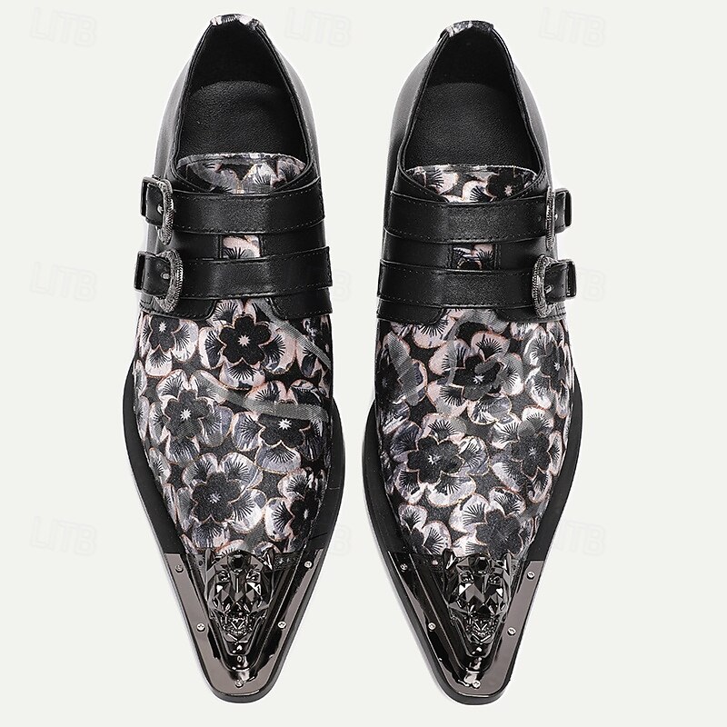 Men's Black Floral Cowhide Leather  Monk Shoes with Double Buckle and Metal Toe Cap – Elegant Formal Shoes for Weddings, Parties, and Special Events4