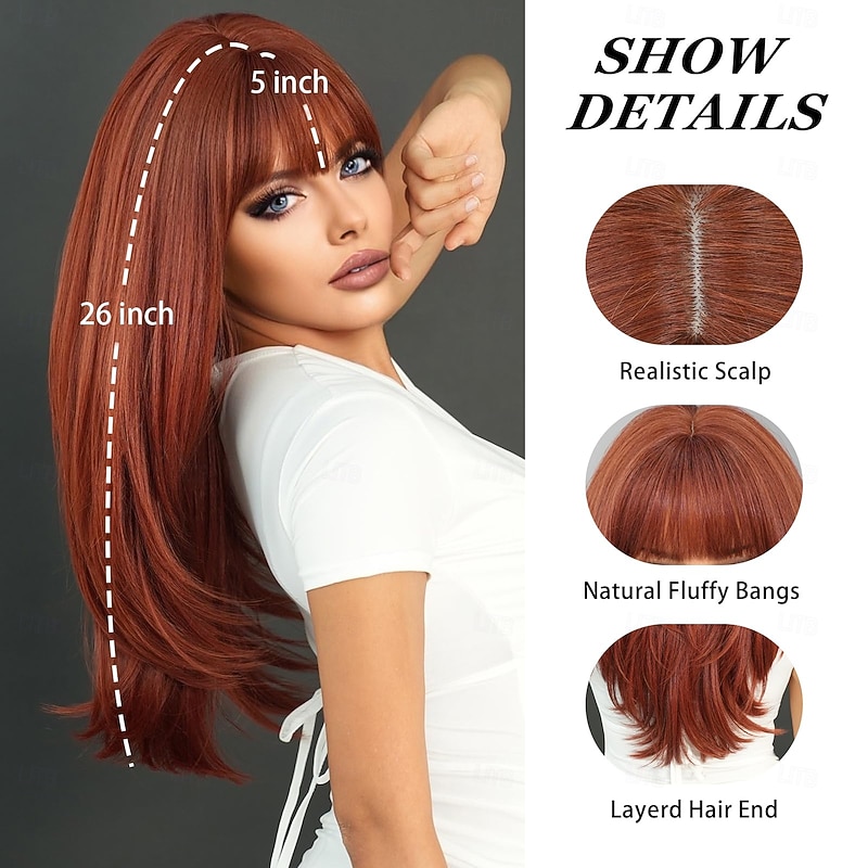 Long Straight Auburn Wig with Bangs 26 Inch Orange Ginger Synthetic Layered Hair Wigs for Women Natural Copper Red Head Heat Resistant Wig for Daily Party Use3