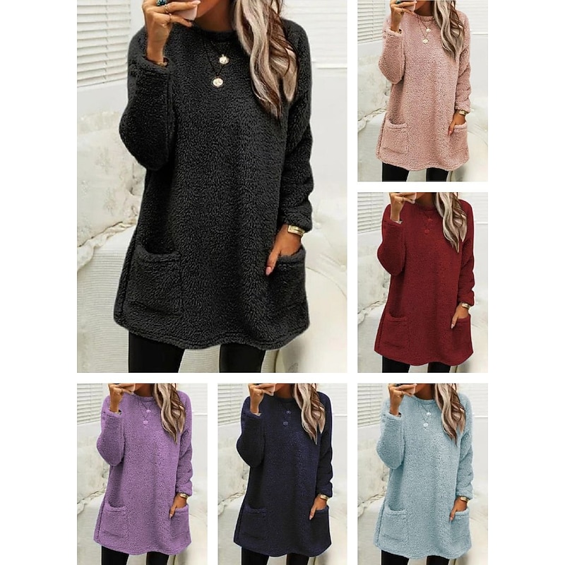Women's Sweatshirt Pullover Sherpa Fleece Teddy Pocket Marron Black Blue Solid Color Street Casual Round Neck Long Sleeve Fleece S M L XL 2XL 3XL