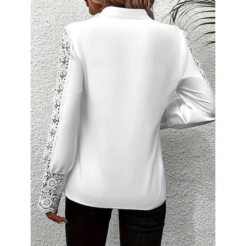 Women's Shirt Blouse Solid Color Basic Casual Long Sleeve V Neck Regular Tops Daily Lace Patchwork White Fall Winter2