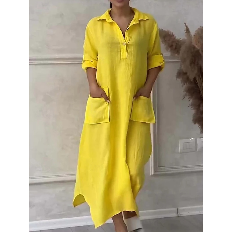 Women's Normal Maxi Dress Linen-Inspired Dresses Cotton Maxi Dress Casual Sports & Outdoor Date Regular Fit Solid Color Shirt Collar Yellow Blue Green Spring Fall
