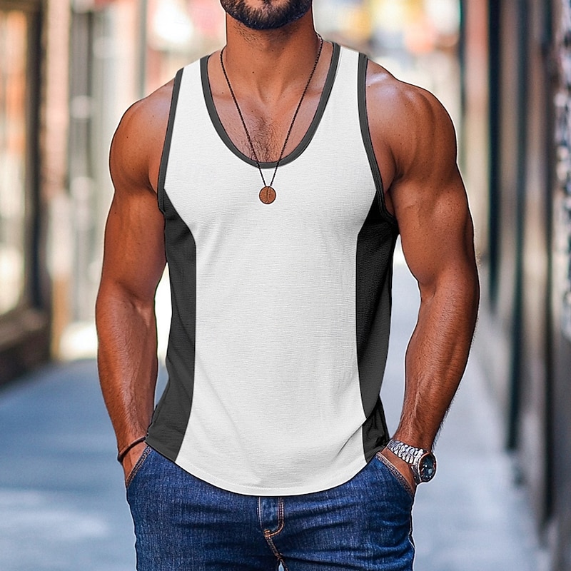 Men's Tank Top Vest Top Sleeveless Shirt Gym Muscle Tee Sleeveless U Neck Summer Spring Color Block Fashion Designer Muscle Patchwork Outdoor Going out Gym White Blue Orange Top Tee for Men4