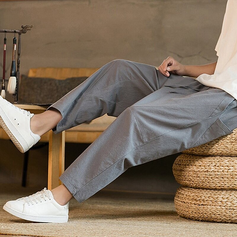 Men's Linen Pants Trousers Summer Pants Harem Pants Pocket Drawstring Elastic Waist Plain Comfort Breathable Ankle-Length Home Casual Daily Fashion Classic Style Black Navy Blue3