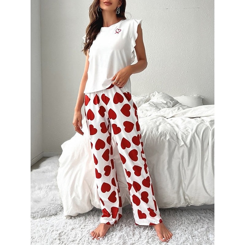Women's Pajama Set Casual Comfort Heart Ruffle Elastic Waist Tank Top Pant Home Valentine's Day Daily Sleeveless Crew Neck Black Pink Red Summer Spring Fall Regular Fit