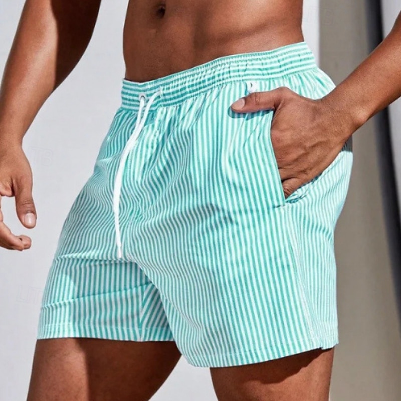 Men's Swim Trunks Swim Shorts Board Shorts Bathing Suit Drawstring with Pockets Swimming Surfing Beach Water Sports Stripes Summer Spring