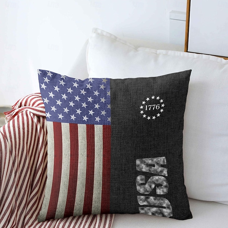 Vintage Decorative Toss Pillows Cover 1PC Independence Day American Flag National Flag Soft Square Cushion Case Pillowcase for Bedroom Livingroom Sofa Couch Chair Khaki Dark Grey Black White4