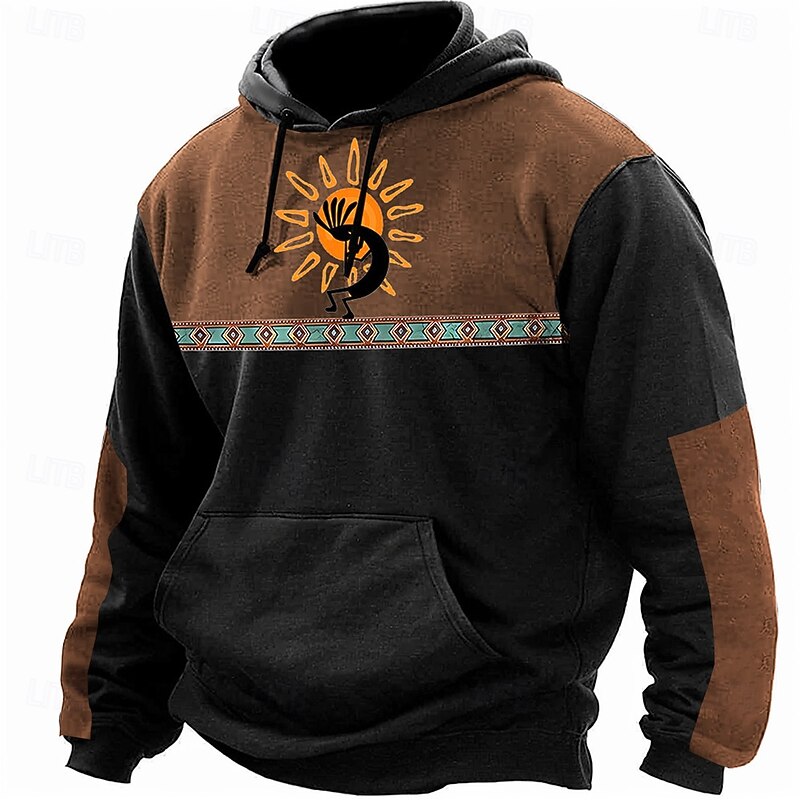 Men's Kokopelli Hoodies Sweatshirt Ethnic Cowboy Long Sleeve Crew Neck Holiday Streetwear Blue Brown Drawstring Fall Winter Designer4