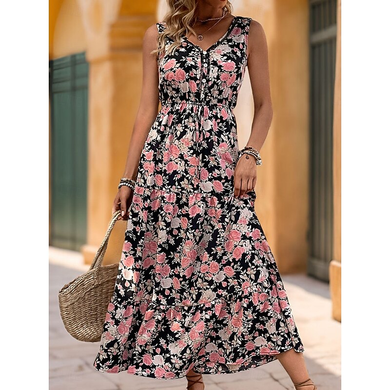 Women's Midi Dress Casual Dress Boho Chic Dresses Tank Dress Bohemia Stylish Casual Vacation Daily Beach Loose Fit Graphic Sleeveless V Neck Black Blue Summer Spring4