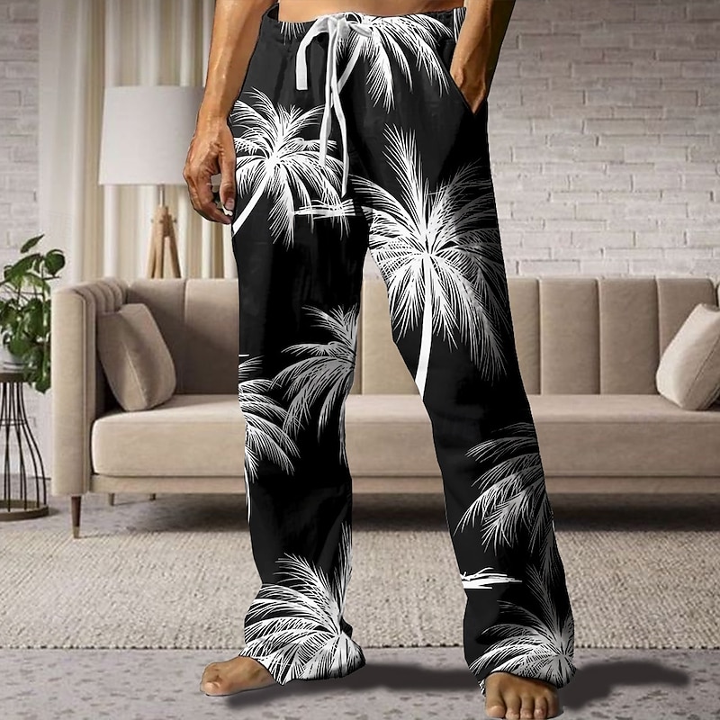 Men's Coconut Tree Hawaiian Pants Trousers Casual Pants Mid Waist Drawstring Elastic Waist Vintage Retro Outdoor Vacation Holiday Straight Leg Trousers Summer Spring 3D Print Black White