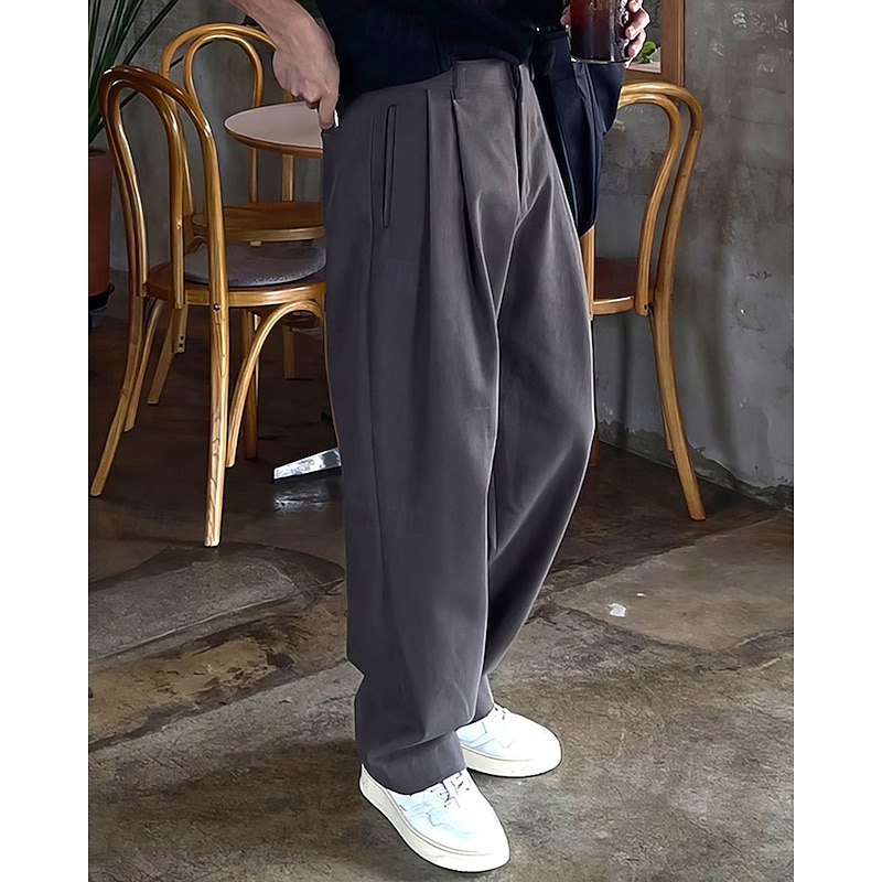 Men's Dress Pants Trousers Chinos Slacks Pleated Pants Buttons Pocket Straight Leg Plain Comfort Formal Party Work Fashion Classic Style Black Dark Gray Micro-elastic4