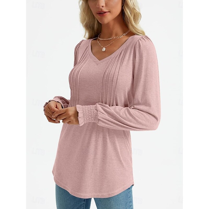 Women's Shirt Blouse Solid Color Basic Casual Long Sleeve V Neck Regular Tops Daily Ruched Smocked Pink Blue Green Summer Spring3