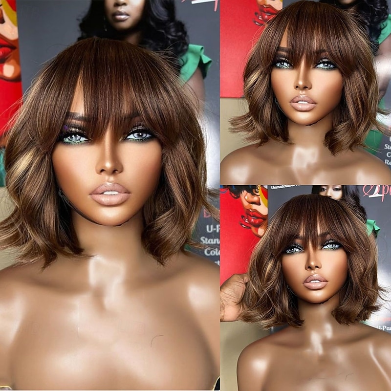 Human Hair 5x5 Closure 13x4 Lace Front Wig Short Bob With Bangs Brazilian Hair Wavy Brown Multi-color Wig 130% 150% Density Highlighted / Balayage Hair Glueless Pre-Plucked For Women Short Human Hair