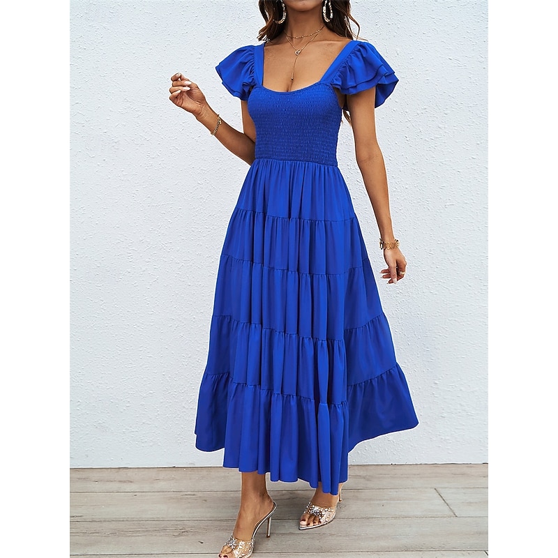 Women's Floral Square Neck Midi Dress Short Sleeve Summer Spring4