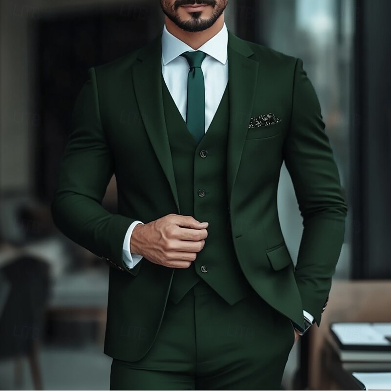 Men's Business Suits Dark Green Formal Solid Colored Standard Fit 3 Piece Single Breasted One-button2