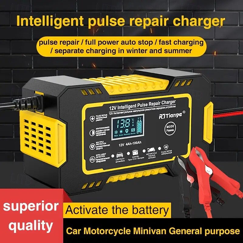 Intelligent 12V Car Battery Charger & Maintainer - 6A Pulse Repair LCD Display AGM GEL SLA & Wet Cell Temperature Compensation 4-100Ah Range
