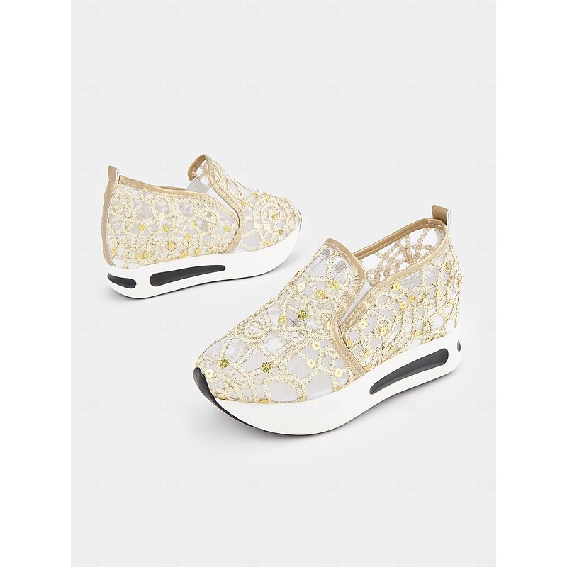 Gold Sequined Mesh Slip-On Sneakers with Air Cushion Sole - Women's Comfortable Wedding or Party Shoes4