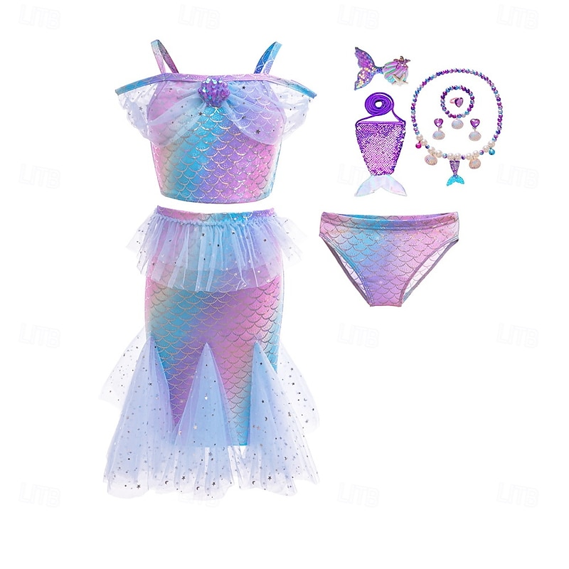 Toddler Girls' Three Piece Mermaid Swimwear Swimwear Beach Swimming Scales Cute Mesh Bathing Suits 4-7 Years Summer Pink Blue