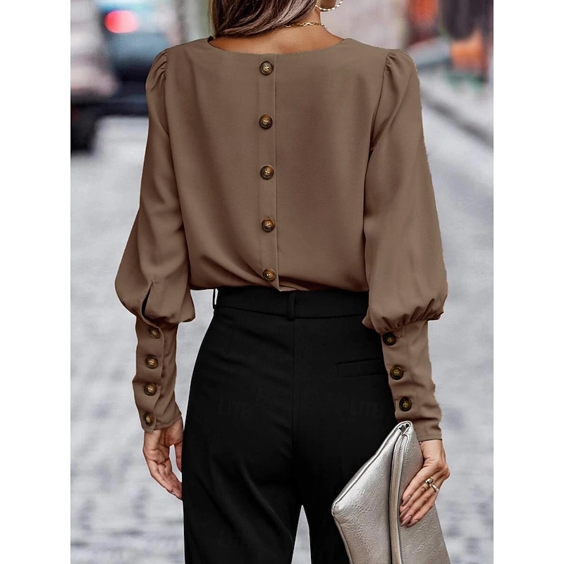 Women's Shirt Elegant Dressy Satin Solid Color Business Modern Casual Long Sleeve Crew Neck Regular Tops Work Formal Wear Black Army Green Brown Summer Spring4