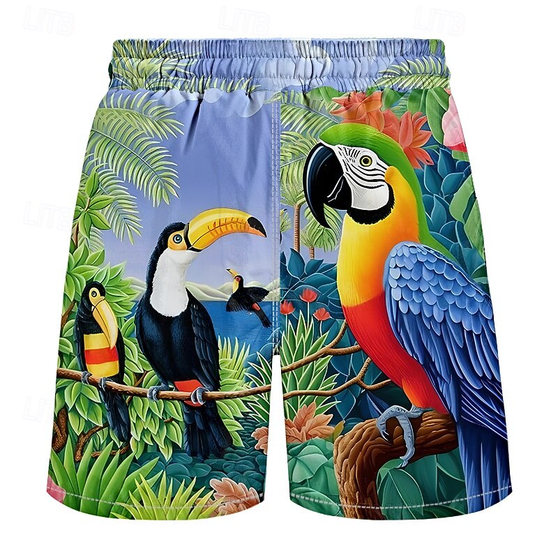 Men's Parrot Floral&Plants Jungle Swim Trunks Swim Shorts Board Shorts Mid Waist Tropical Streetwear Hawaiian Vacation Daily Holiday Drawstring Elastic Waist 3D Print Designer Clothing Apparel3