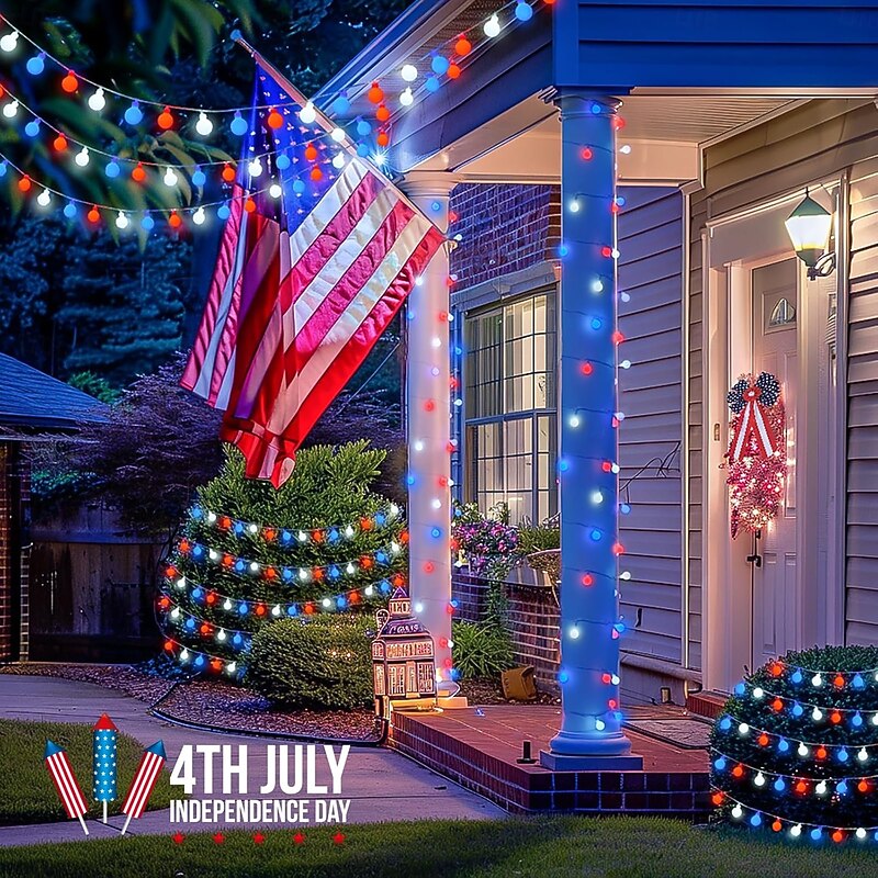 1 Pc 33FT-100 LED Patriotic String Lights July 4th Independence Day Red Blue White Ball Decorative LED String Patriotic Gathering Party Atmosphere 8 Function Remote Control Waterproof Battery Box