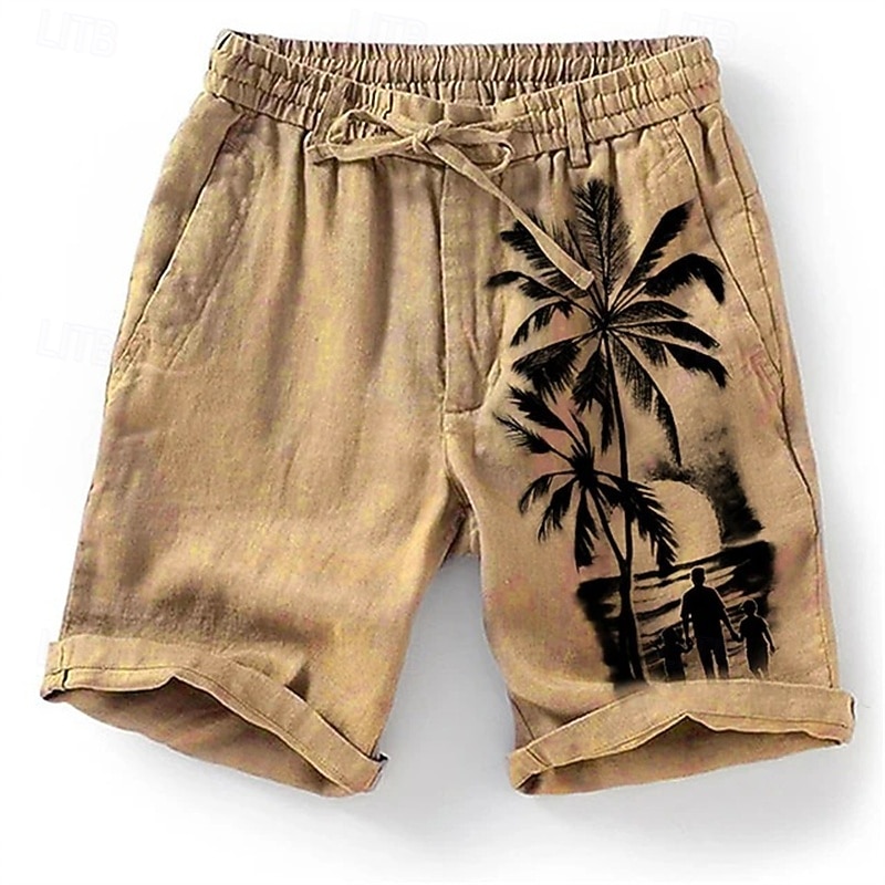 Men's Shorts Linen Shorts Summer Shorts Beach Shorts Drawstring Elastic Waist Coconut Tree Comfort Breathable Knee Length Outdoor Holiday Beach Vacation Hawaiian Blue Green3