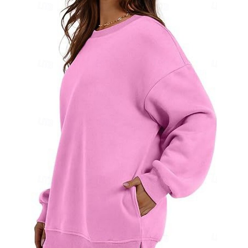 Women's Sweatshirt Casual Plain Street Dailywear Crew Neck Pocket Long Sleeve Black Pink Khaki Fall Winter3