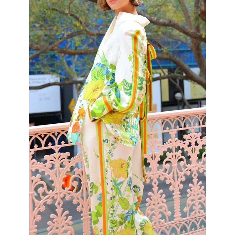 Women's Fashion Streetwear Daily Shirt Blouse Wide Leg Pants Long Sleeve Shirt Collar Plain Print Casual Daily Green Spring &  Fall Regular Fit2