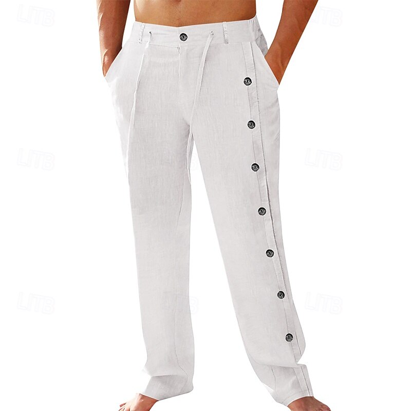 Men's Linen Pants Trousers Summer Pants Beach Pants Drawstring Side Button Straight Leg Plain Comfort Breathable Full Length Outdoor Daily Holiday Fashion Classic Style Black White