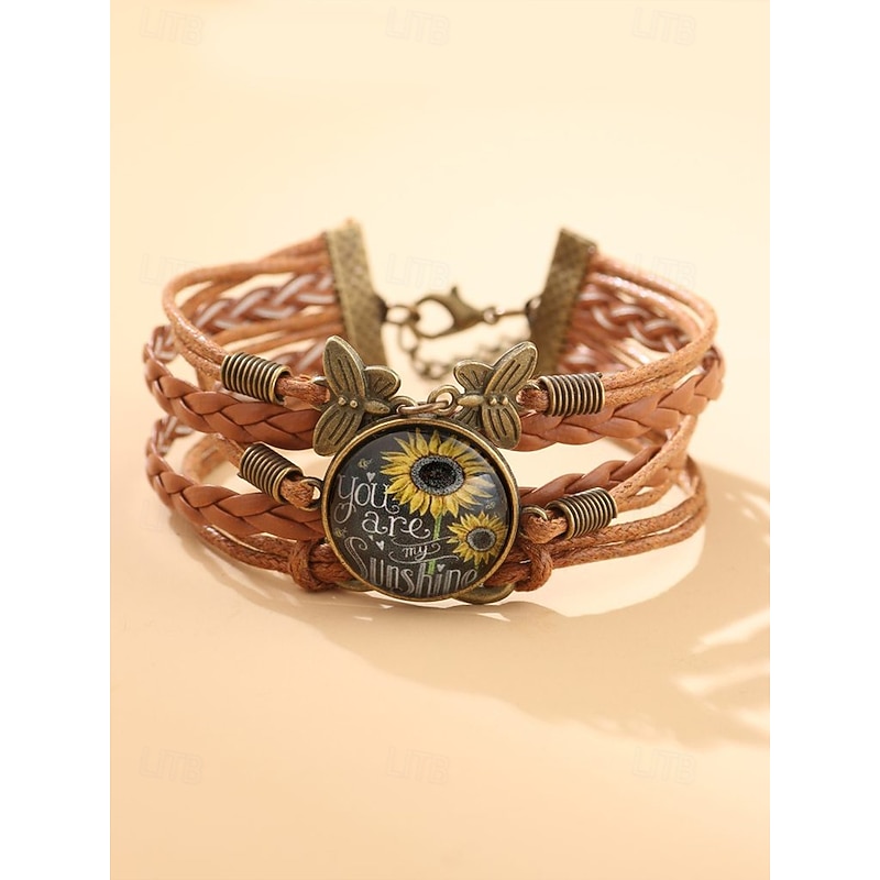 Sunflower Charm FauxLeather Bracelet with Braided Design and Inspirational Quote – Boho Style Jewelry for Women, Perfect for Gifts and Casual Wear