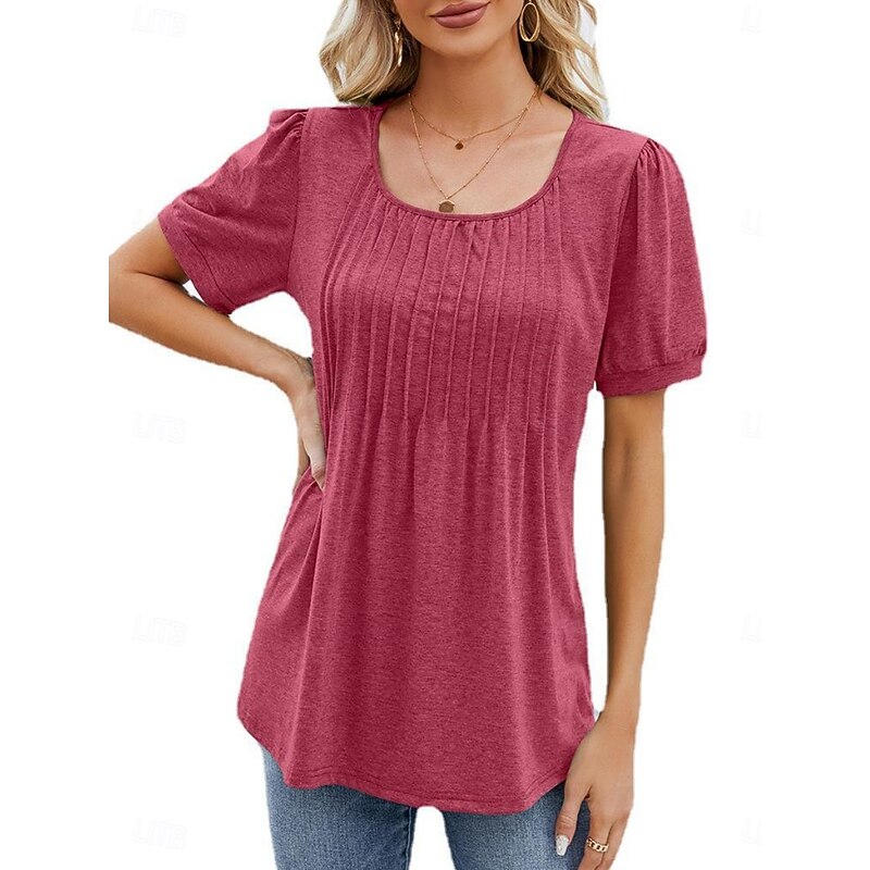 Women's Shirt Blouse Solid Color Basic Casual Short Sleeve Crew Neck Regular Tops Daily Ruched White Wine Navy Blue Summer Spring