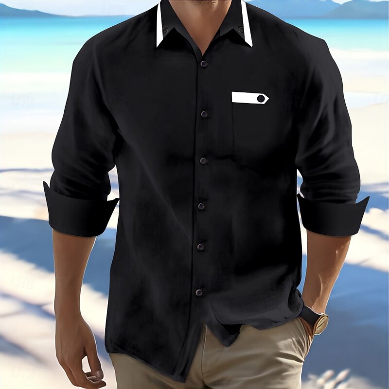 Men's Shirt Summer Shirt Casual Shirt Beach Shirt Button Up Shirt Light Khaki Black White Red Navy Blue Long Sleeve Plain Collar Vacation Daily Clothing Apparel Fashion Casual Comfortable