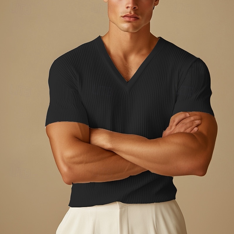 Men's Short Sleeve Shirt Ribbed Knit tee Tee Top Short Sleeve V Neck Summer Fall Winter Solid Color Pit Strip Sports Daily Classic Style Outdoor Casual Light Blue Black White Top Tee for Men2
