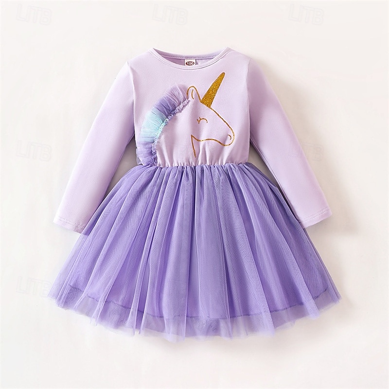 Kids Girls' Dress Unicorn Long Sleeve Outdoor Casual Patchwork Fashion Adorable Polyester Above Knee Casual Dress A Line Dress Tulle Dress Summer Spring 4 years+ Pink Purple Rose Red
