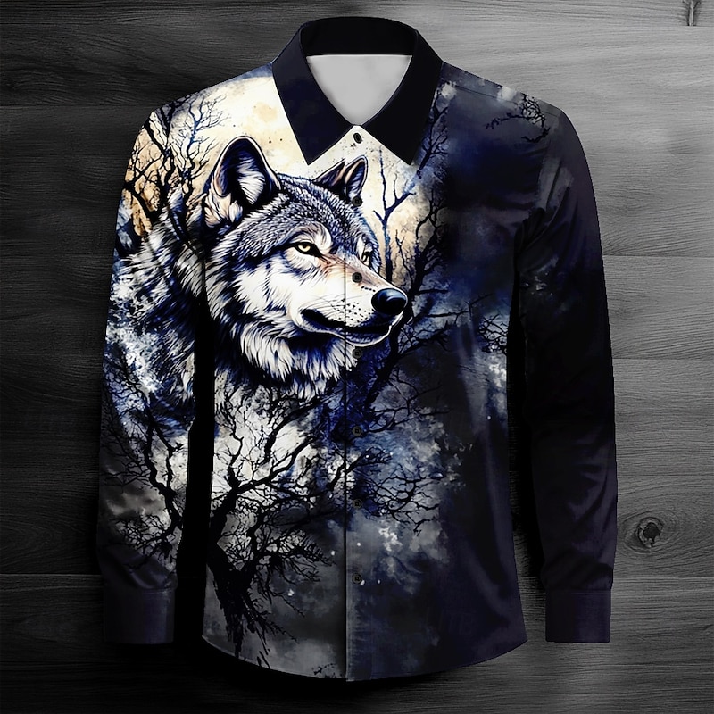 Men's Wolf Collared Shirt Button Up Shirt Long Sleeve Dark Causal Casual Spring Fall Turndown Button Up Black