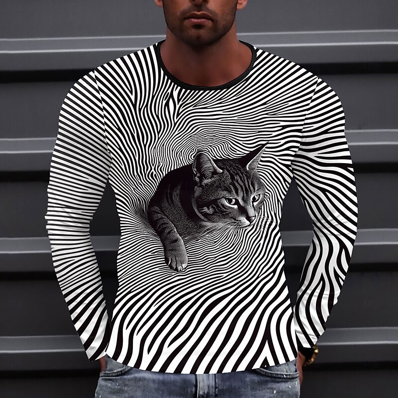 Men's Cat T Shirt Long Sleeve T shirt 3D Print Crew Neck Shirt Fashion Exaggerated Street Daily Black Summer Spring Fall Clothing Apparel S M L XL XXL XXXL