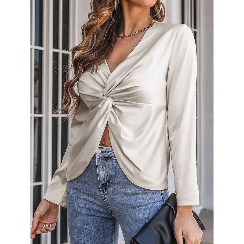 Women's Shirt Elegant Dressy Satin Solid Color Elegant Modern Casual Long Sleeve V Neck Regular Tops Wedding Guest Work Daily Twisted Knot Black White Summer Spring2
