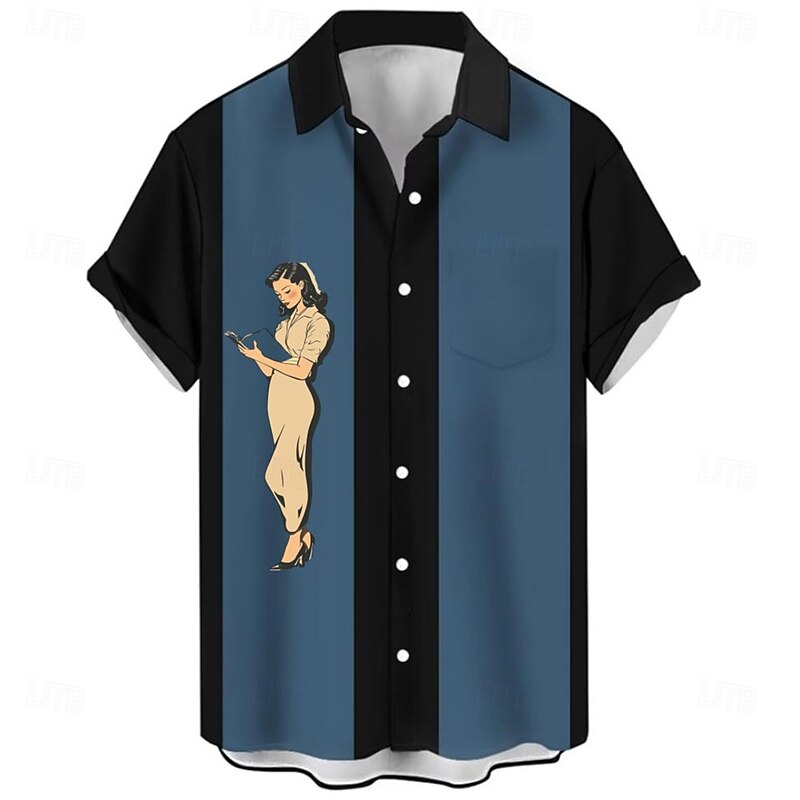 Men's Vintage Casual Shirt Bowling Shirt Button Up Shirt Short Sleeve Fashion Casual Causal Casual Summer Spring Turndown Button Up Pocket Blue