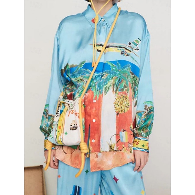 Women's Fashion Streetwear Daily Shirt Blouse Wide Leg Pants Long Sleeve Shirt Collar Graphic Print Casual Daily Blue Fall Regular Fit3