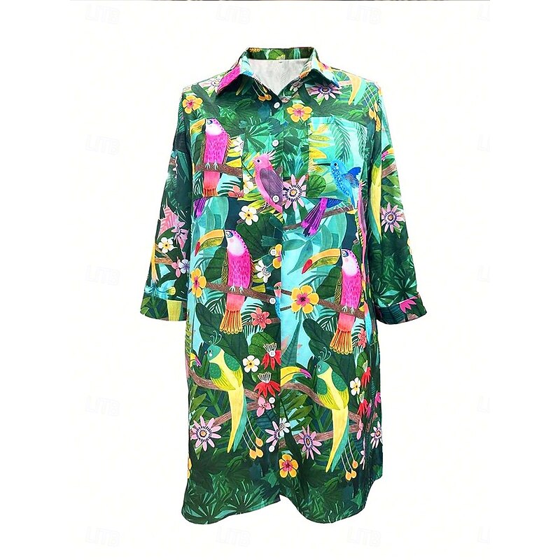 Women's Mini Dress Shirt Dress Hawaiian Shirts  Flowy  Beach Leaf Long  Long Sleeve Shirt Collar Buttons Print Form Fit Green Summer Holiday Clothes Beach Wear3